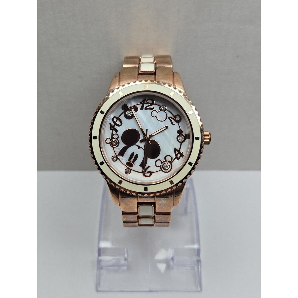 Womens Disney Mickey Mouse Quartz Rose Gold White Crystal Watch New Battery